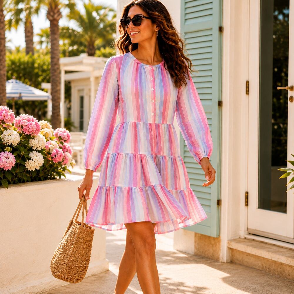 J.Crew Pastel Stripe Tiered Mini Dress XXS Cotton Lurex Pockets